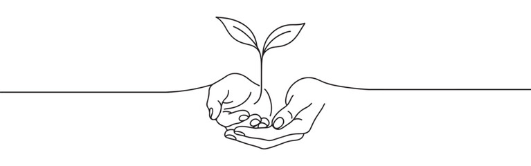 Continuous one-line drawing of hands holding a growing seedling, symbolizing protection, growth, nature, and environmental care in a minimalist style.