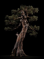 Fototapeta premium Ancient gnarled pine tree isolated on dark background, nature and resilience concept
