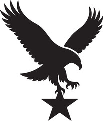 Blad eagle eith American flag print on wings diving for a patrietic ribbon. 4th july Independence Day Clipart, Emblem soaring bird usa banner image airfoil hunting red white blue band.