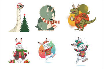 Adorable cartoon christmas animals and dinosaurs dressed in festive holiday outfits