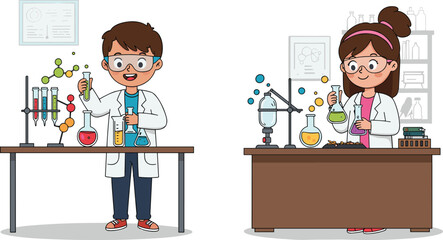 PrintKids science experiment in laboratory, children learning chemistry with colorful liquids, boy and girl students wearing lab coats, classroom science education