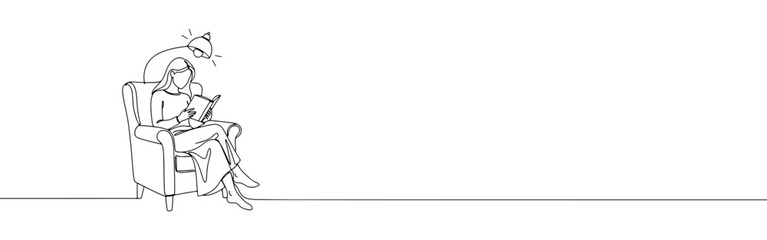 Continuous one-line drawing of a woman reading a book in an armchair under a lamp, depicting relaxation, education, and cozy indoor activities.