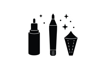 Stylized art supplies, cosmetic bottle, and sparkling gemstone icons