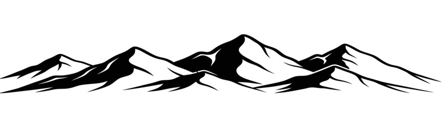 A stark black and white vector illustration of a stylized mountain range, featuring sharp, angular peaks and bold shadows that create a dramatic silhouette