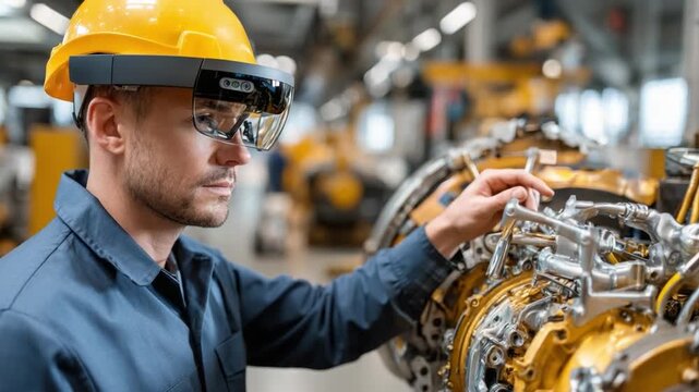 Smart Tech in Action: A focused engineer, donned in protective gear, examines intricate machinery within an industrial setting, leveraging smart augmented reality technology.