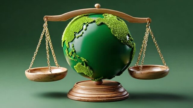 Balance of Earth and Justice: An artistic representation showcases a globe-shaped world meticulously balanced on a traditional scale.
