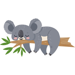 Adorable Gray Koala Sleeping Peacefully on a Brown Tree Branch with Green Leaves in a Flat Vector Style