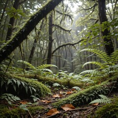 Lush Green Forest with Mist and Ferns in Tranquil Environment