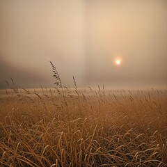 Obraz premium Misty Sunrise Over Golden Grass in Serene Landscape Atmosphere