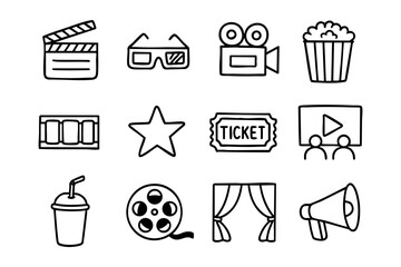 Cinema doodle style icon set &ndash; movie and entertainment vector illustration