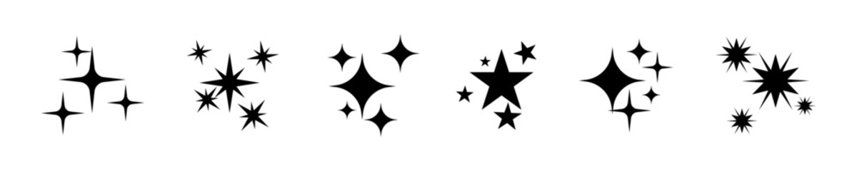 Vector Sparkle and Twinkle Star Icons Set in Black Silhouette Style