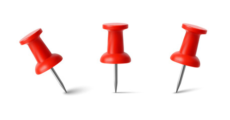 Realistic Red Push Pin Vector Set with Shadows on White Background