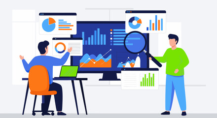 Business Data Analysis Two Professionals Examining Charts and Graphs on a Computer Screen