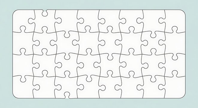 A blank puzzle composed of interlocking pieces, arranged within a rectangular frame. The pieces are white with grey outlines