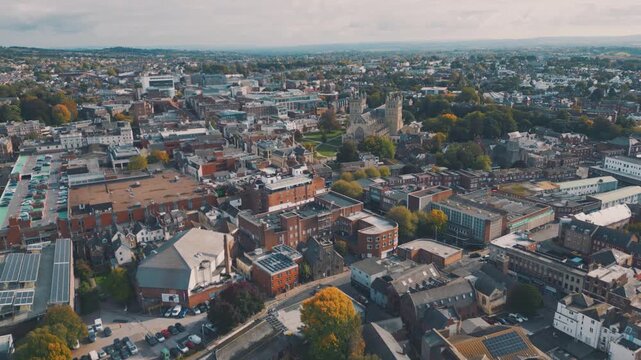 Aerial drone shot of city of Exeter, UK