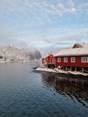 Fototapeta premium Winter village called A (O) in Lofoten islands, Norway. 