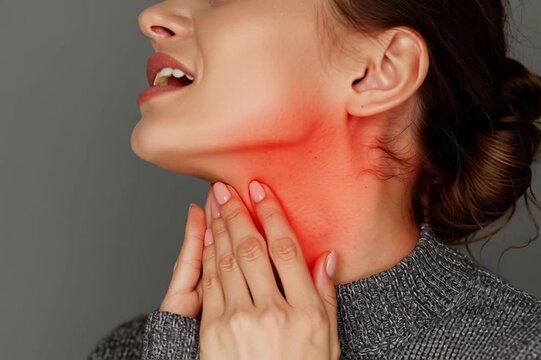 Woman touching her neck and feeling pain in throat. Generative AI