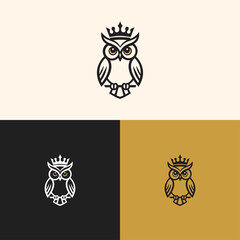 Royal Owl Logo Vector – Elegant Minimalist Owl with Crown, Symbol of Wisdom, Power and Knowledge, Line Art Style Animal Emblem for Brand Identity, Education, Luxury or Security Company Design