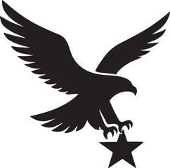 Blad eagle eith American flag print on wings diving for a patrietic ribbon. 4th july Independence Day Clipart, Emblem soaring bird usa banner image airfoil hunting red white blue band.