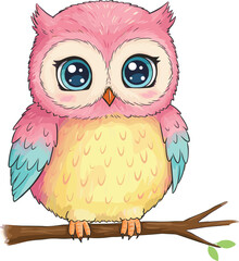 Colorful cartoon owl on tree branch, pink head, yellow belly, blue wings, starry eyes, whimsical animal illustration, kids design
