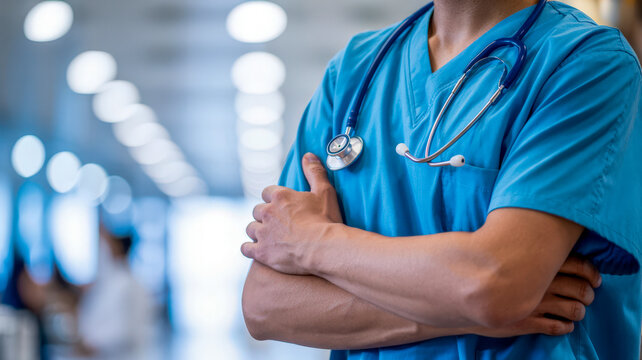 Confident medical professional in blue scrubs with stethoscope folded arms conveys expertise and care in a modern, softly lit healthcare setting - Powered by Adobe