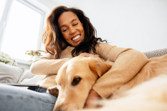 Cheerful African American woman businesswoman using working on laptop petting golden retrieve - Powered by Adobe