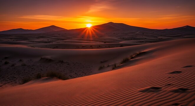 A breathtaking desert sunrise casts golden light over rolling sand dunes, with mountain silhouettes in the distance. Footprints visible