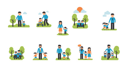 Collection of Diverse Family and Father-Child Illustrations Enjoying Outdoor Activities.