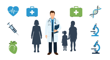 Doctor with Medical Icons and Family Silhouettes Healthcare Concept.