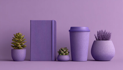 Minimalist arrangement of purple objects including plants a book and a shaker bottle on a purple background