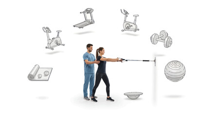 Female client training with male personal trainer using resistance band.