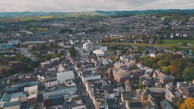 Aerial drone shot of city of Exeter, UK