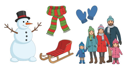 Festive Winter Scene Elements: Snowman Family Sled Scarf and Mittens.