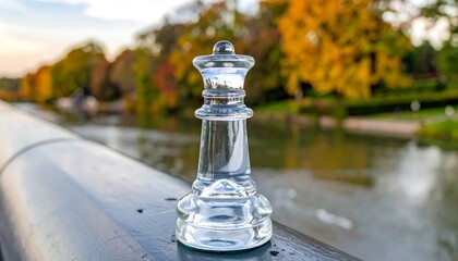Glass Chess Piece on Bridge with Autumnal Scenery.