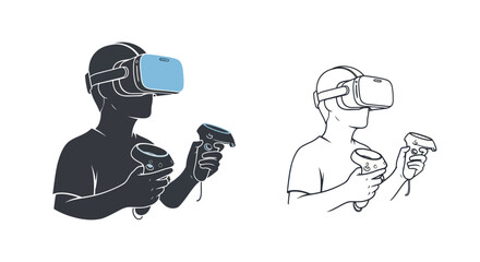 Silhouette of Person Wearing VR Headset and Holding Controllers.