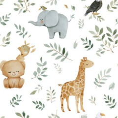 Naklejka premium Watercolor seamless pattern of cute wild animals including elephant, giraffe, and bird with leaves.