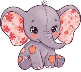 Cute cartoon baby elephant with floral ears, plush toy style, sitting pose, rosy cheeks, nursery illustration, kids decor, animal art
