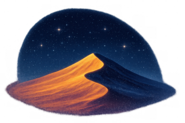 Glowing sand dune under a starry desert night sky, abstract fantasy landscape with transparent background