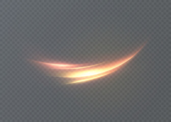 Golden light trail with glowing curved stream and sparkling light flare isolated vector light effect on transparent background.	
