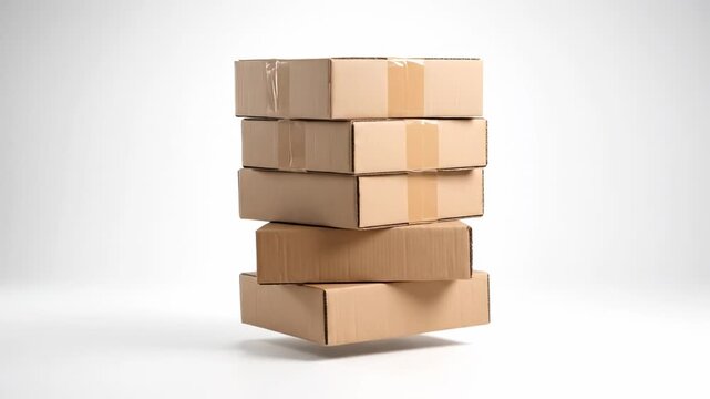 Pile of brown cardboard boxes levitating and rotating in the air, illustrating the concepts of lightweight shipping, fast delivery, e commerce, and efficient logistics service
