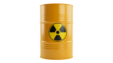 Warning: Radioactive waste barrel with hazard symbol, representing nuclear energy, industry, and environmental concerns, isolated