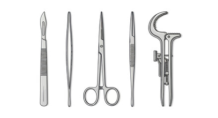 Surgical Instruments Set: Scalpel Forceps Scissors and Retractor.
