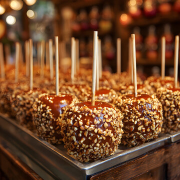 Rows Of Caramel Apples Topped With Chopped Peanuts In A Candy Store
