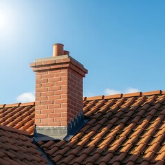 Naklejka premium A brick chimney on a terracotta-tiled roof under a bright blue sky, sunlight shining from the upper left corner