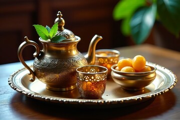 Fototapeta premium A traditional tea set featuring a teapot, glass cup, and dates on a tray illuminated by natural light.