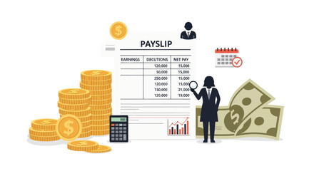Detailed Payslip with Financial Elements and Businesswoman Illustration.