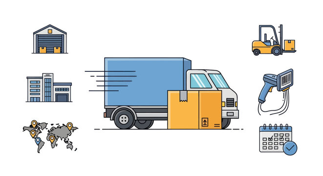 Fast Delivery Truck with Package Logistics and Shipping Concept Illustration.
