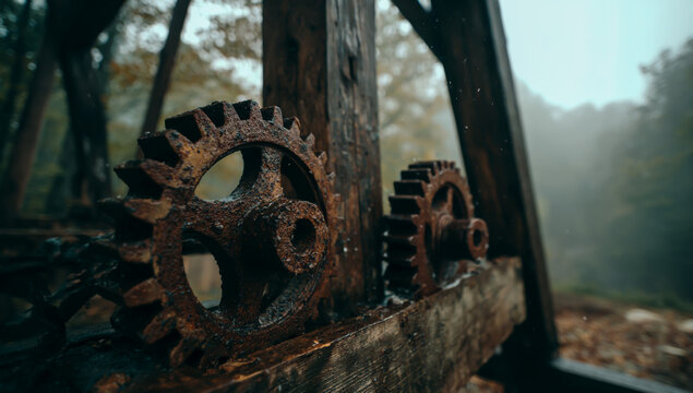 Close up of rusty gears and mechanical parts of an old abandoned industrial machine in a forest - Powered by Adobe