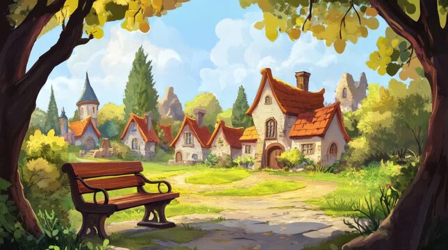 A view of a bench with a village. 4K animated video