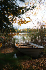 Obraz premium Abandoned paddle boat in forest next to autumn lake in Sweden